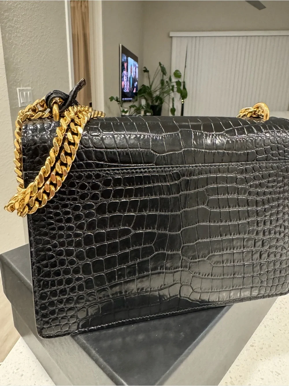 Saint Laurent Sunset Black Croc-Embossed Suede-Trim Shoulder Bag